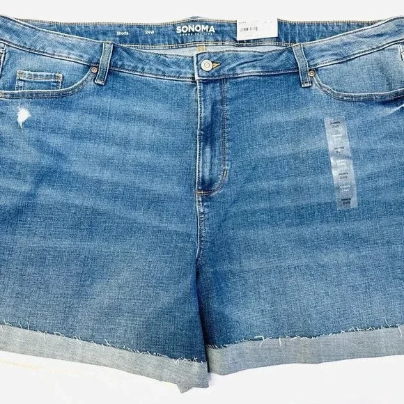 NWT SONOMA Women High Rise Blue Rolled Cuff Distressed Blue Jean Shorts Size 24W - Picture 1 of 4